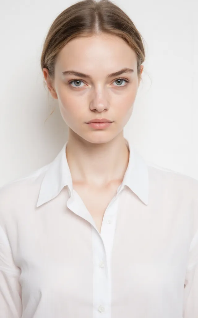 A French female model with a Soft   focus makeup style, wearing a shirt, against a white background, in a front   facing bust portrait